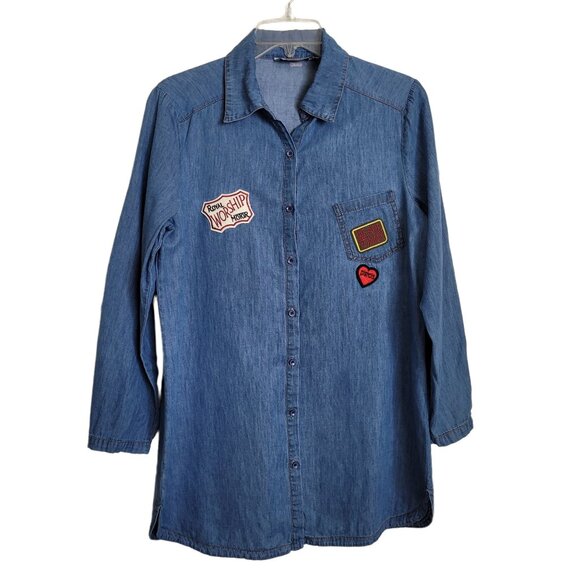 It Hippie Womens Denim Button-Up Shirt Fun Patches & Long Sleeves Size Large - Picture 1 of 7